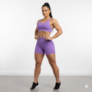Conjunto fitness feminino texturizado com top e short de cintura alta nas cores rosa, lilás e preto.