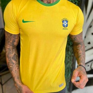 Camisa Brasil Dry Fit masculina nas cores preto, amarelo, azul e branco