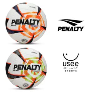 Bola Futebol Society Penalty Mag11a R2 XXVI branca com detalhes laranja, roxo e verde.