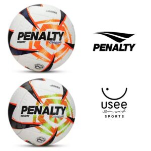 Bola Futebol Society Penalty Mag11a R2 XXVI branca com detalhes laranja, roxo e verde.