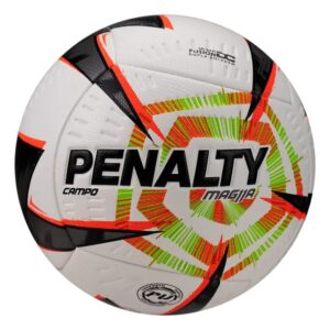 Bola Futebol Campo Penalty Magia branca com detalhes roxo, preto e laranja em gramado.