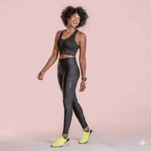 Calça legging feminina LSport Run 5 Pockets preta e verde para corrida e academia.