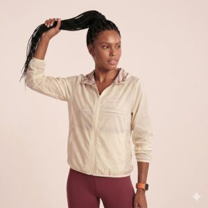 Jaqueta corta vento feminina translúcida branca com capuz e sistema packable