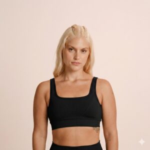 Modelo usando Top LSport Seamless Max II marinho e preto sem costura com decote quadrado.