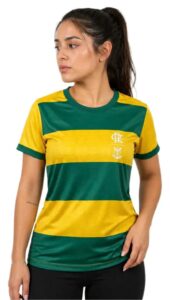 Camisa Flamengo Pairar Edição Especial Brasil Feminina com listras verde e amarelo.