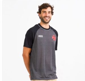 Camisa Vasco Cesto Masculina chumbo e preta com cruz vermelha estampada