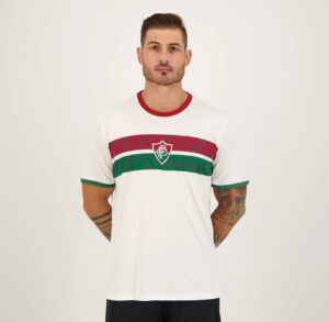 Camiseta Fluminense Casual Braziline Branca Masculina com faixa tricolor e escudo central.