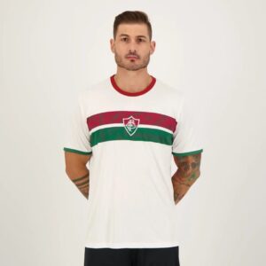 Camiseta Fluminense Casual Braziline Branca Masculina com faixa tricolor e escudo central.