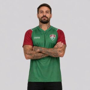 Camisa Fluminense Energia Verde Braziline masculina verde com mangas grená e escudo estampado