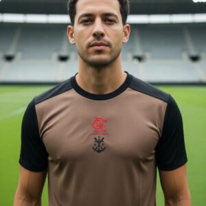 Camisa Flamengo Braziline marrom masculina com mangas pretas e escudo CRF vermelho.