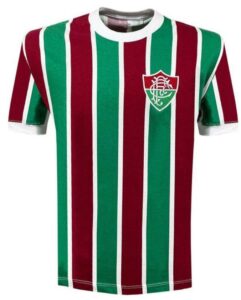 Camiseta Fluminense 1975 Liga Retrô masculina listrada verde grená e branca