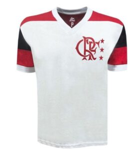 Camisa Flamengo 1981 Liga Retrô masculina branca com detalhes vermelhos e pretos