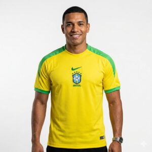 Camisa Brasil masculina Dry Fit preta e amarela com detalhes verdes e escudo frontal esportivo.