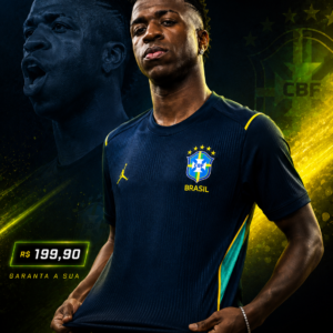 Camisa Brasil Dry Fit preta masculina com detalhes verde e amarelo.
