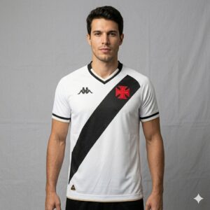 Camisa Vasco da Gama Branca 2025 masculina com faixa diagonal preta e Cruz de Malta vermelha no peito.