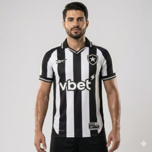 Camisa Botafogo 2025 masculina listrada em preto e branco com escudo estrelado no peito.